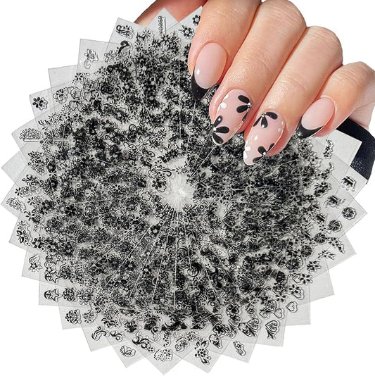 30 Sheets Black Flower Nail Art Stickers - Heart, Butterfly Design Charms - 3D Self Adhesive Nail Art Supplies for Women & Girls - Manicure Decoration Floral Nail Decals