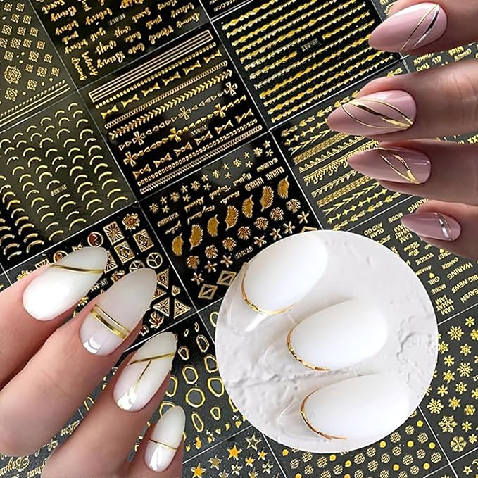 30 Sheets Gold Nail Art Sticker 3D Self-Adhesive Gold Star Moon Heart Line Nail Decals with 3D Nail Art Metal Charms Gold Metal Nail Art Design Nail Supplies for Women Manicure Kit Nail Art Decoration