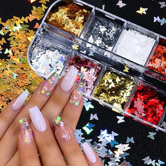 12 Colors Butterfly Nail Art Stickers Butterflies Nail Glitter Sequins 3D Art Accessories Butterfly Shape Flakes Powder Holographic Gold Red Pink Butterflies Sequins Design Acrylic Nails Supply Kit