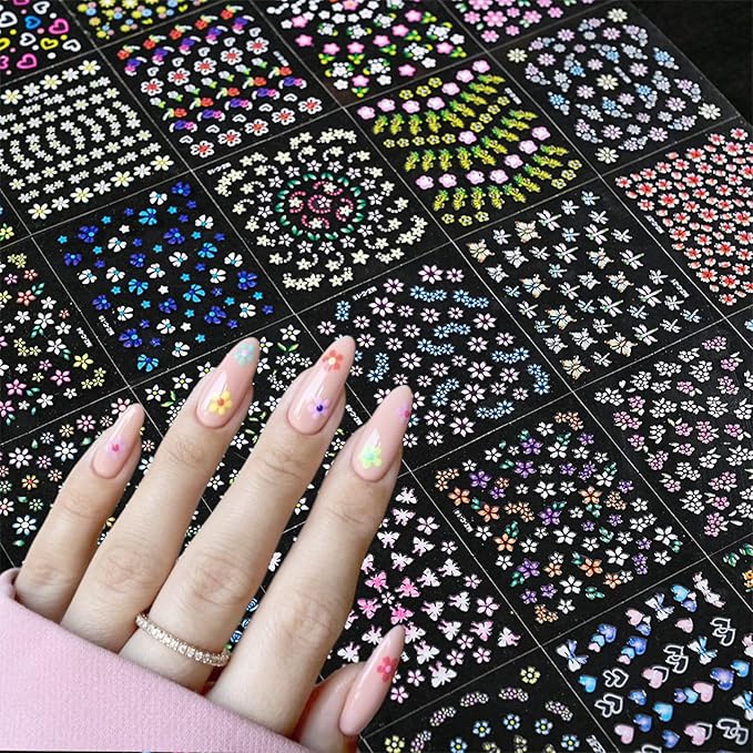 30 Sheets Flower Nail Art Stickers Decals Colorful Flower Nail Stickers 3D Self Adhesive Cute Daisy Floral Nail Decals Heart Nail Supplies Nail Art Design Decoration Accessories for Women and Girls