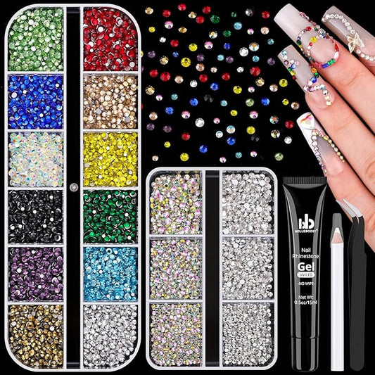 5400Pcs Glass Crystal Small Rhinestones for Nail Art with Nails Rhinestone Glue, AB Clear Multicolors Flatback Bedazzling Gems, Nail Rhinestones and Gems Crystals Charm for Acrylic Tips Manicure Decor