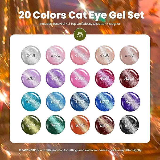 Beetles Cat Eye Gel Nail Polish Set - 20 Colors Christmas Glitter Red Green Blue Brown Black Nude Pink Magnetic Base Matte Glossy Top Coat Lush Velvet Soak Off UV Manicure Salon Gift for Women