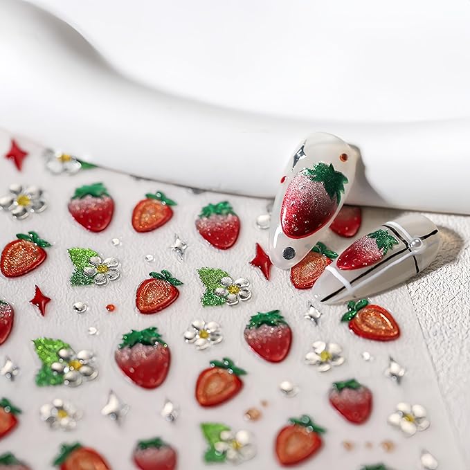 1 Sheet Strawberry Nail Art Sticker 5D Embossed Self-Adhesive Gold Print Strawberry Fruit Nail Art Sticker Women Girls DIY Nail Decoration