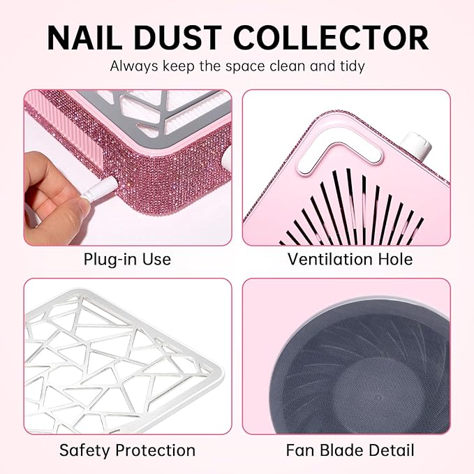 Nail Dust Collector, Powerful Vacuum Fan Vent Dust Collector Extractor Dust Suction Machine for Acrylic Nails Polishing, Nail Salon&Home, Pink Diamond