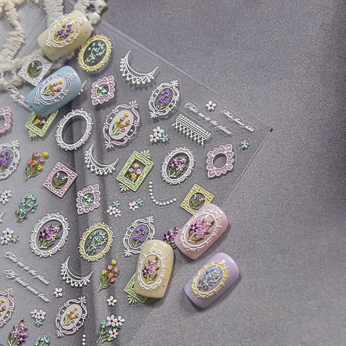 1 Sheets 5D Retro Flower Nail Art Stickers Spring Summer Floral Nail Decals Embossed Picture Frame Tulip Nail Design Supplies Colorful Daisy Nail Stickers for Women DIY Acrylic Nail Accessories