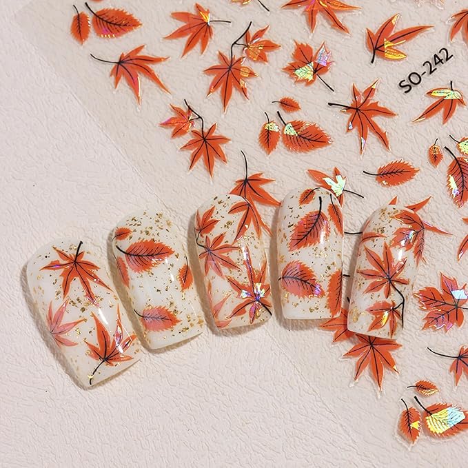 Fall Nail Art Stickers Autumn Maple Leaf Nail Decals 6PCS Laser Fallen Leaves Nail Art Supplies 3D Self-Adhesive Nail Stickers Autumn Leaf Nails Accessories for Women Thanksgiving Day Manicure Decor