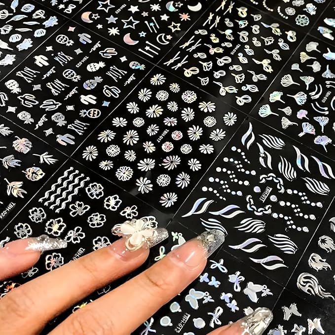 30 Sheets Aurora Nail Art Stickers Decals 3D Self Adhesive Flower Nail Stickers for Nail Art Moon Star Nail Decals Leaf Heart Nail Design for DIY Acrylic Nails Decoration Accessories for Women Girls