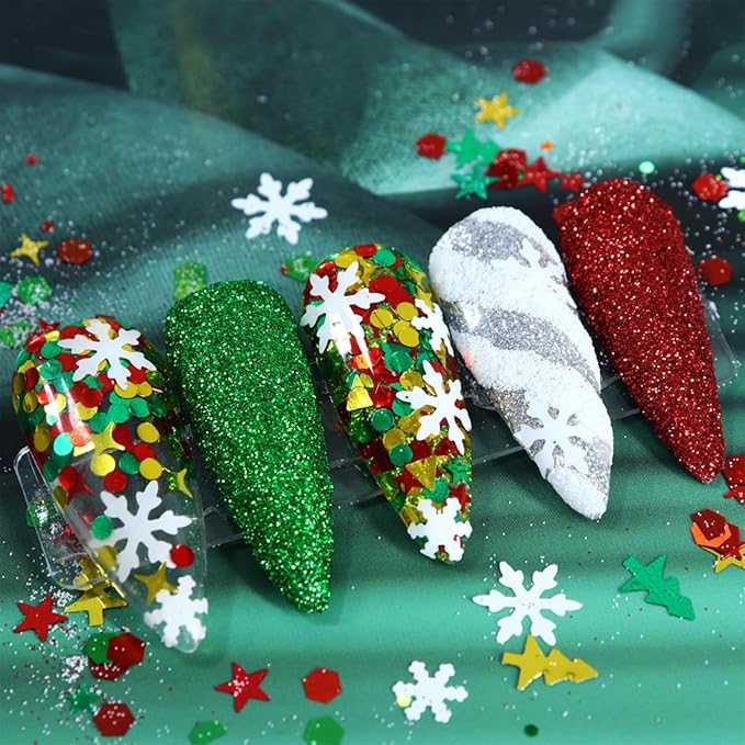 12 Grids Christmas Nail Art Glitter Sequins 3D Holographic Mixed Winter Nail Glitter Flakes Snowflake Christmas Tree Star Round Cross Designs Glitter for Acrylic Nails Xmas Nail Decorations for Women