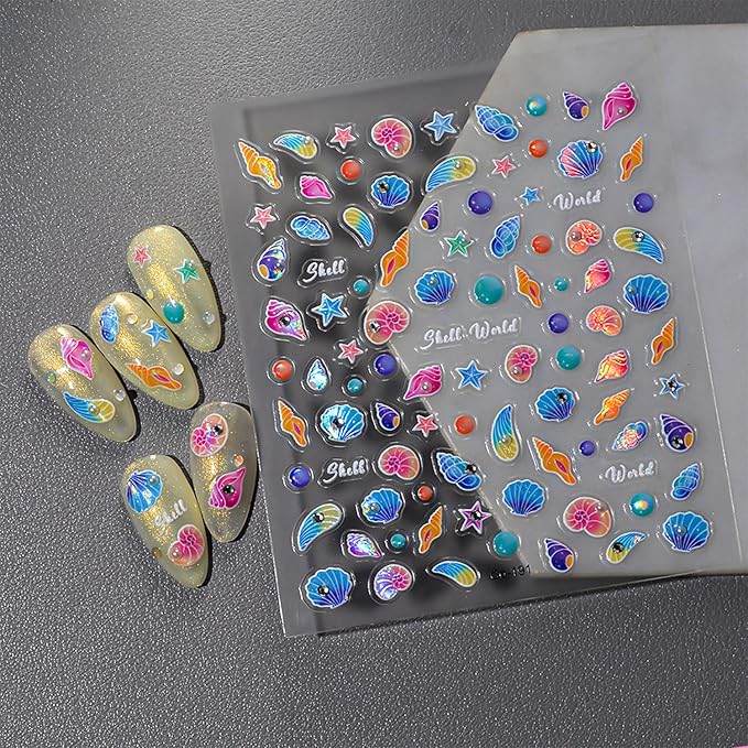 Summer Nail Stickers Shell Starfish Nail Art Stickers 5D Embossed Nail Decals Blue Ocean Theme with Pearl Design Cute Nails Supplies for Women