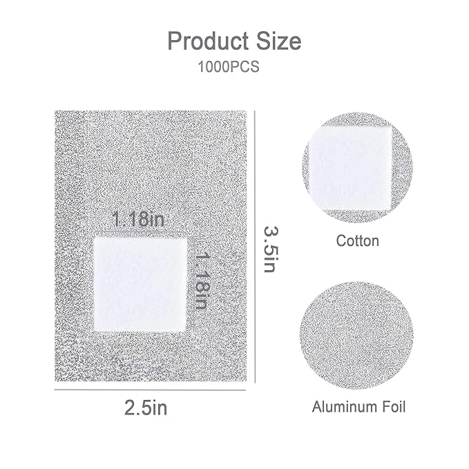 1000PCS Nail Polish Remover Foil Wraps, Nail Polish Remover Wrap with 1.18'' Pre-attached Lint Free Cotton Pads, Foil Wraps Aluminium Soak Off Gel Nail Polish Removal Tool Finger