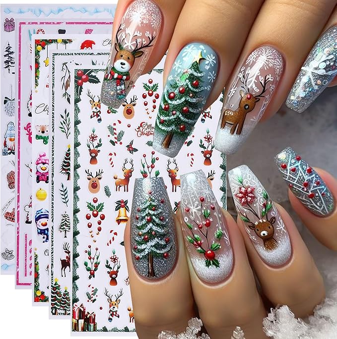 5pcs/Set Christmas Nail Stickers Santa Claus Tree Bell Deer Snowflake Snow Candy Cartoon Elk Nail Art Design 3D Adhesive Nail Stickers for Winter New Year Sliders Decals Manicure Supplies Decoration