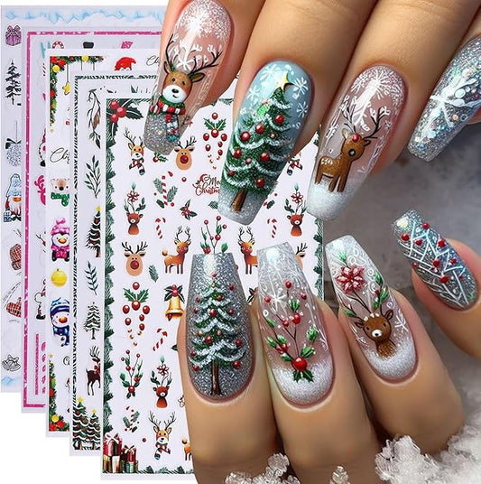 5pcs/Set Christmas Nail Stickers Santa Claus Tree Bell Deer Snowflake Snow Candy Cartoon Elk Nail Art Design 3D Adhesive Nail Stickers for Winter New Year Sliders Decals Manicure Supplies Decoration
