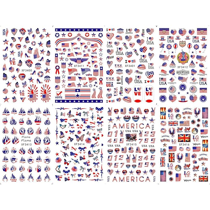 8 Sheet 4th of July Nails Art Stickers American Independence Day Nail Stickers 3D Self-Adhesive Nail Decals Heart Balloon Design American Flag Nails Supplies for Women Manicure