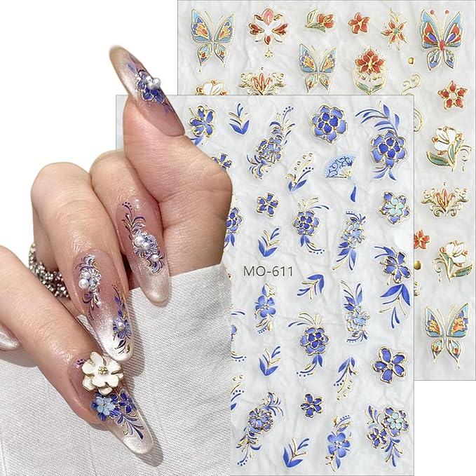 3 Sheet Flower Nail Art Stickers Decals 5D Embossed Self- Adhesive Blue Red Flowers Nail Stickers Gold Floral Nail Decals Supplies for Women DIY Manicure Accessories