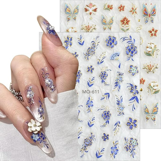 3 Sheet Flower Nail Art Stickers Decals 5D Embossed Self- Adhesive Blue Red Flowers Nail Stickers Gold Floral Nail Decals Supplies for Women DIY Manicure Accessories