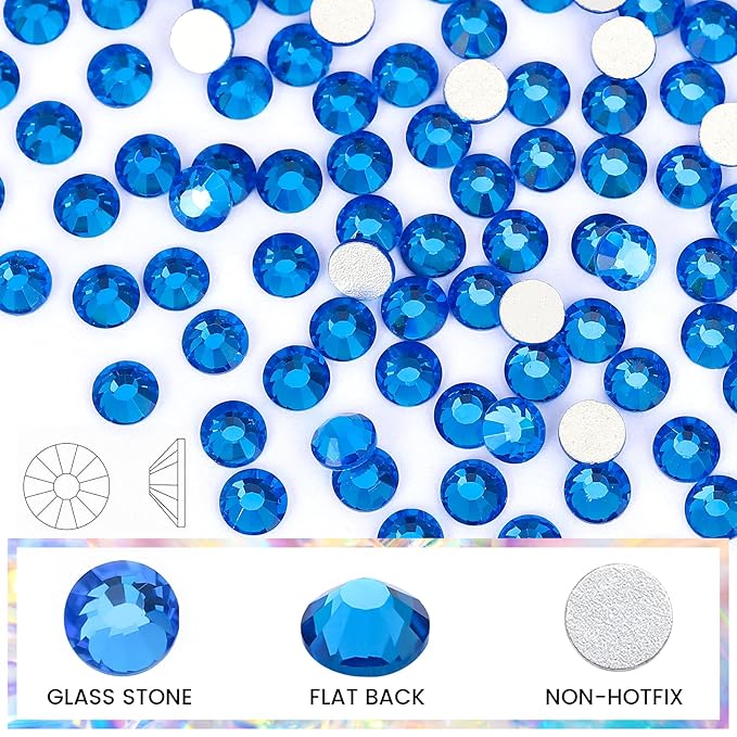 Novani Rhinestones 3000Pcs Flatback Crystal Round Loose Gemstones Glass Rhinestones for Crafts Makeup Nail Art Clothes Shoes DIY Decorations(SS6, 1.9-2.0mm,Capri Blue)