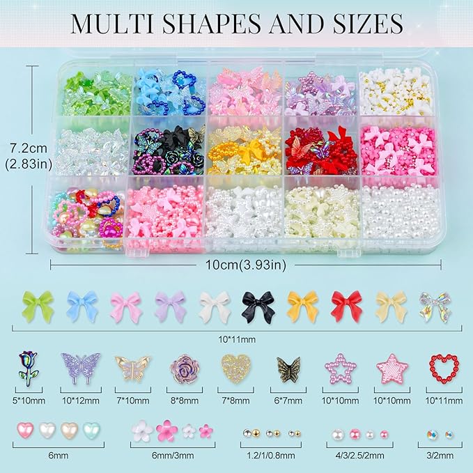 3D Nail Charms for Coquette Nails Design with Rhinestone Glue Set 1, Colorful Nail Bows + Assorted Heart Star Rose Butterfly Nail Jewels + 3D Flowers and Pearls, with Picker Tools for Nail Decor