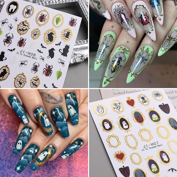 2Sheets Halloween Nail Art Stickers 3D Ghost Spider Nail Decals with Gold Edge Designs Nail Stickers Self Adhesive Bat Heart Nail Decal Black Cat Crow Nail Sticker for Women DIY Nails Decor Supplies