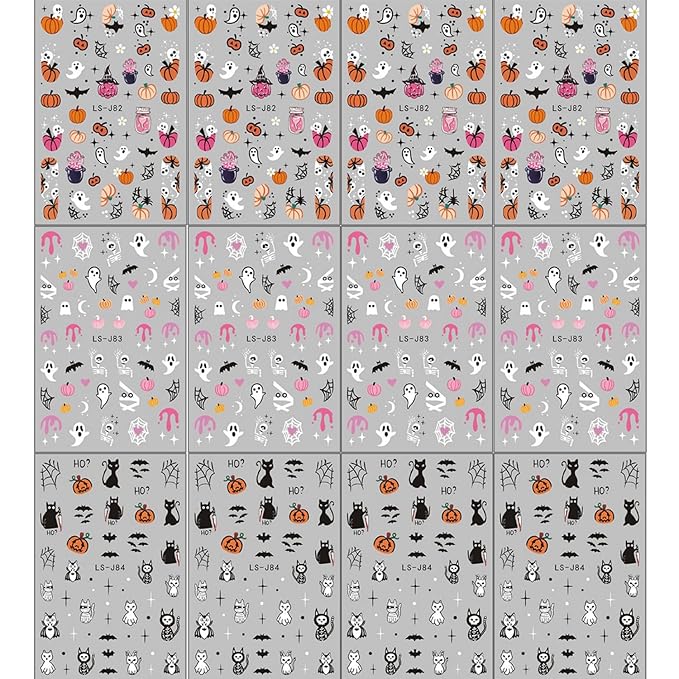 12sheet Halloween Nail Art Stickers Decals Cute Ghost Pumpkin Nail Stickers for Nail Art with Mummy Spider Web Cat Bat Design Nail Stickers 3D Self-Adhesive Nails Supplies for Women Manicure Decor