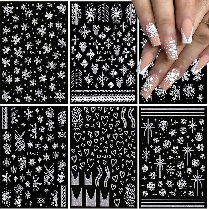 6 Sheets Glitter Silver Snowflake Nail Art Stickers 3D Christmas Nail Decals Self Adhesive Xmas Winter Nail Design Holiday Reindeer Snowflakes Nail Stickers for Women Girls Christmas Nail Decoration