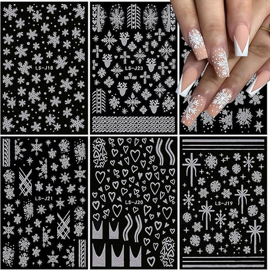 6 Sheets Glitter Silver Snowflake Nail Art Stickers 3D Christmas Nail Decals Self Adhesive Xmas Winter Nail Design Holiday Reindeer Snowflakes Nail Stickers for Women Girls Christmas Nail Decoration