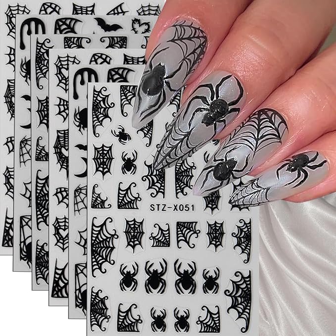 6Pcs Halloween Nail Stickers Spider Web Nail Decals DIY Self Adhesive Cobweb Nail Design Halloween Nail Decoration Supplies Holiday Manicure Accessories for Women