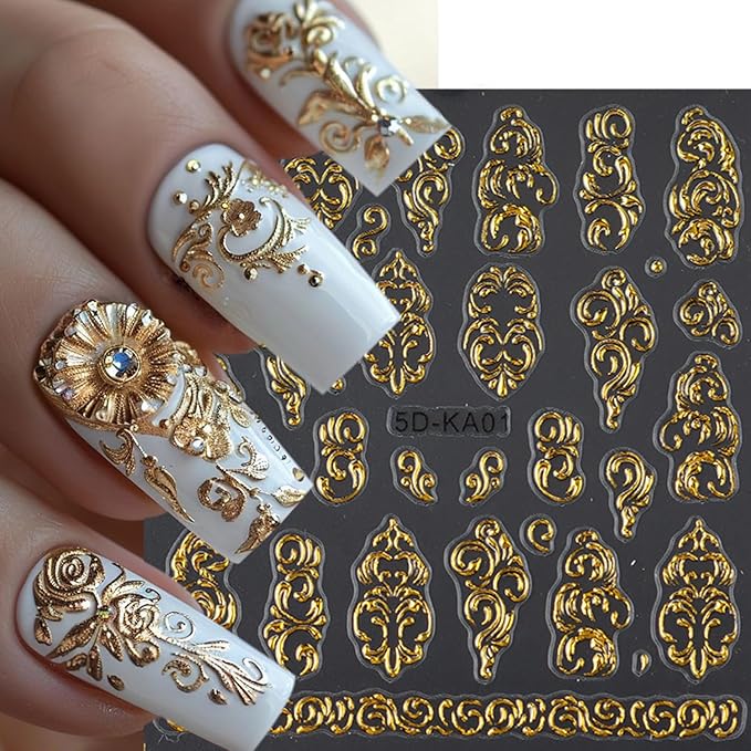 3Sheets Flower Pattern Nail Art Stickers 5D Embossed Gold Silver Flowers Vine Designs Nail Decals Self-Adhesive Rose Gold Floral Texture Nail Sticker Spring Summer Nails Supplies for Women Nails Decor