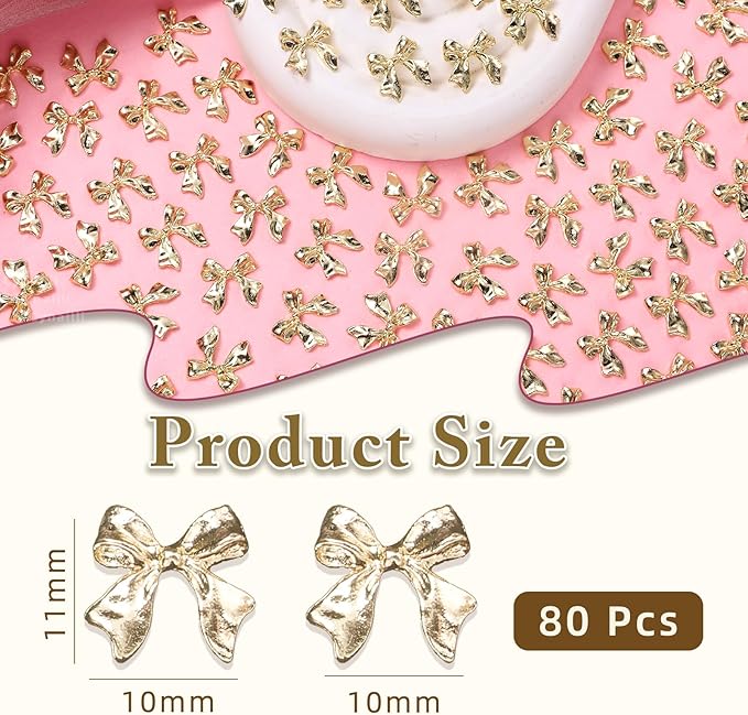 80 Pcs Gold Nail Charms Bow for Alloy Nails, 3D Bowknot Nail Art Charms, Bow Tie Nail Gems Charms,Cute Bow Nail Art Jewels Charms for Nail Art Supplies DIY Accessories