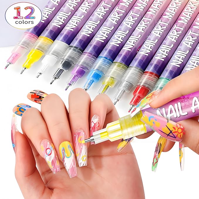 12 Color Nail Art Markers for Gel Nails,Nail Art Pens Set DIY Nail Art Marker 3D Nail Polish Pens, Quick Dry Dotting Point Liner Pens for DIY Nail Art Drawing Painting Tools (24 Colors)