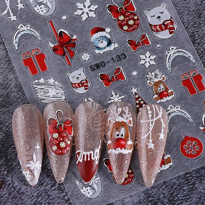 5 Sheets Christmas Nail Art Sticker Snowman Elk Christmas Tree Gingerbread Man Design Winter Xmas Self-Adhesive Snowflake Santa Claus Nail Stickers Decals for Nails Supplies Christmas Nail Decoration
