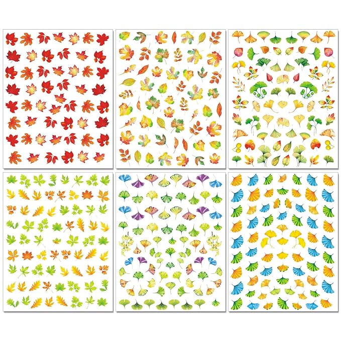 Fall Nail Art Stickers, Thanksgiving Day Laser Glitter Nail Decals, 3D Self-Adhesive Maple Ginkgo for DIY Nail Supplies Decoration(6 Sheets)