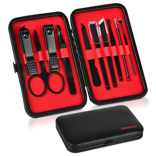 10pcs Manicure Nail Clipper Set - Stainless Steel Nail Care Kit with Nail Clippers, Nail File, Cuticle Scissors, Ear Pick and More, Compact and Durable for Home and Travel (Black/Red)