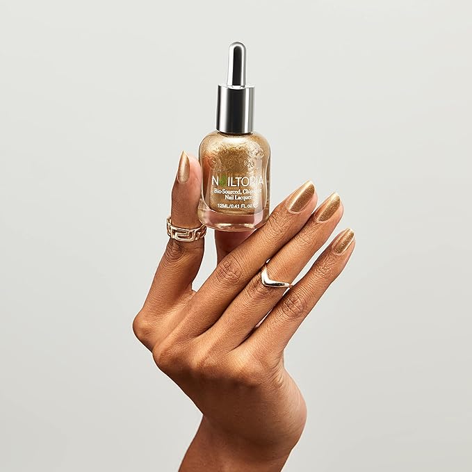 Nailtopia Bio-Sourced, Chip Free Nail Lacquer - All Natural, Strengthening Biotin and Superfood-Infused Polish - Chip Resistant Formula - Quick-Dry, Long Lasting Wear - Liquid Gold - 0.41 oz