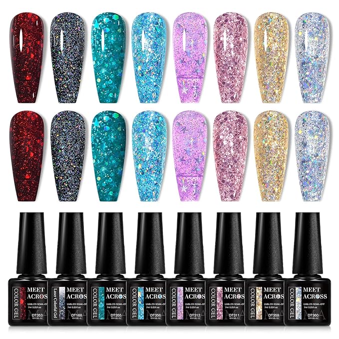 MEET ACROSS 8 Colors Glitter Gel Nail Polish Sparkly Shiny Gold Silver Pink Gel Polish Kit Glitter Red Black Blue Nail Polish Set Manicure Nail Art DIY Salon Home Holiday Gift for Women