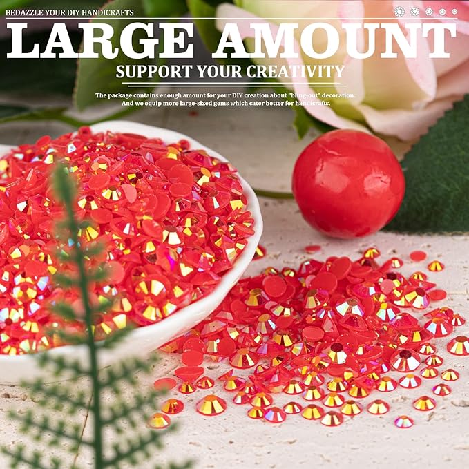 7000PCS Resin Rhinestones with Tweezers for Crafting, 2/3/4/5/6mm Flatback Jelly Rhinestones, 4 Box Red AB Non Hotfix Crystal Gems for DIY Crafts Mugs Tumblers Clothes Makeup Nail