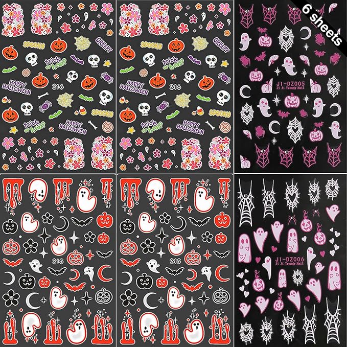 6 Sheets Rhinestones Halloween Stickers 3D Self Adhesive Pink Ghost Nail Art Stickers Glitter Pumpkin Charms Nail Decals Spooky for Women Halloween DIY Manicure Salon