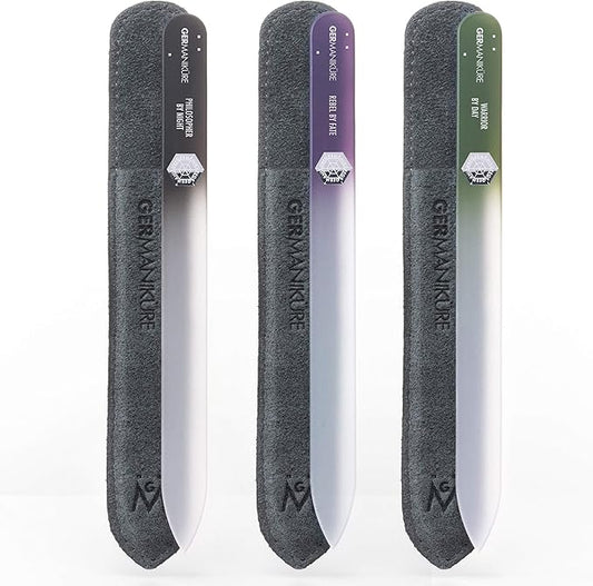 GERMANIKURE Czech Crystal Glass Nail File 3 Pack in Suede Leather Case - Professional Manicure & Pedicure Products for Smooth Easy Shaping of Natural Nails