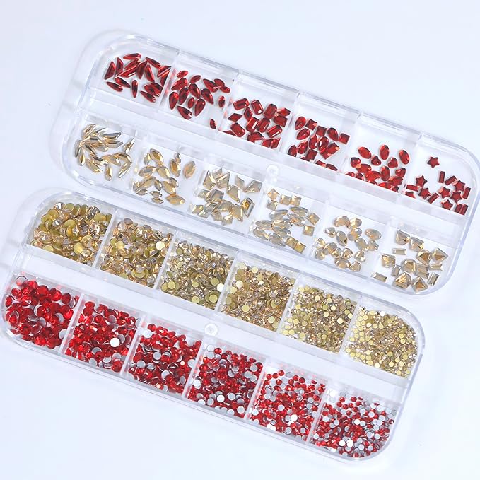 HNUIX Nail Rhinestones for Nails - 3D Multi Shapes, Flat Back, Small Nail Gems, Champagne Gold & Red Nail Diamonds, with Kit, for Nail Art, DIY Decor