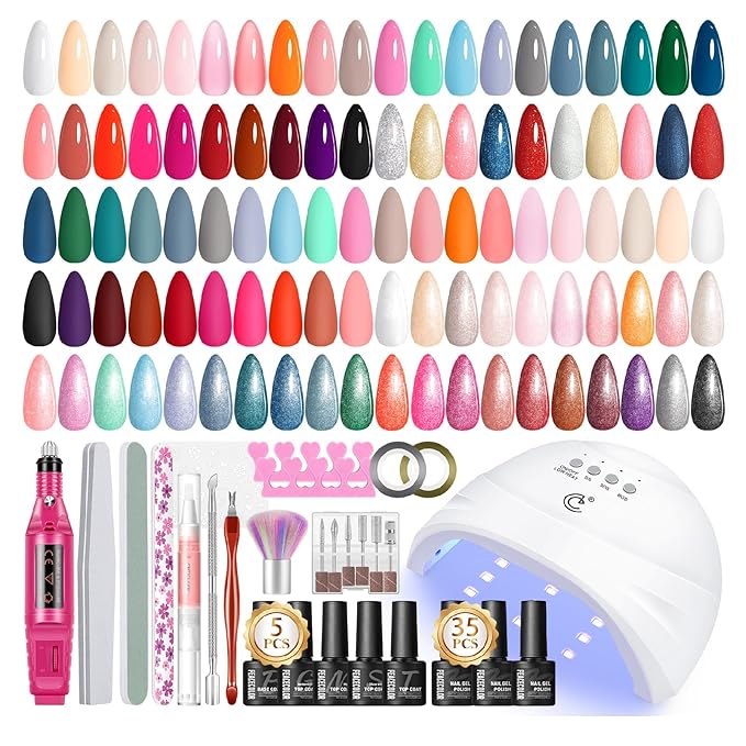 PEACECOLOR 53PC Gel Nail Polish Kit with U V Light and Drill, 35 Colors All Season Gel Polish Set Starter Kits with 5pc Matte Glossy Glitter Base Top Coat Complete Manicure Tools Home Salon Women