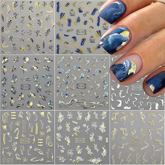 9 Sheets Marble Nail Stickers Flower Nail Art Stickers 3D Self-Adhesive Silver Gold Nail Decals Abstract Leaf Line Nail Designs for Women Nail Art Supplies Decoration, Style-a