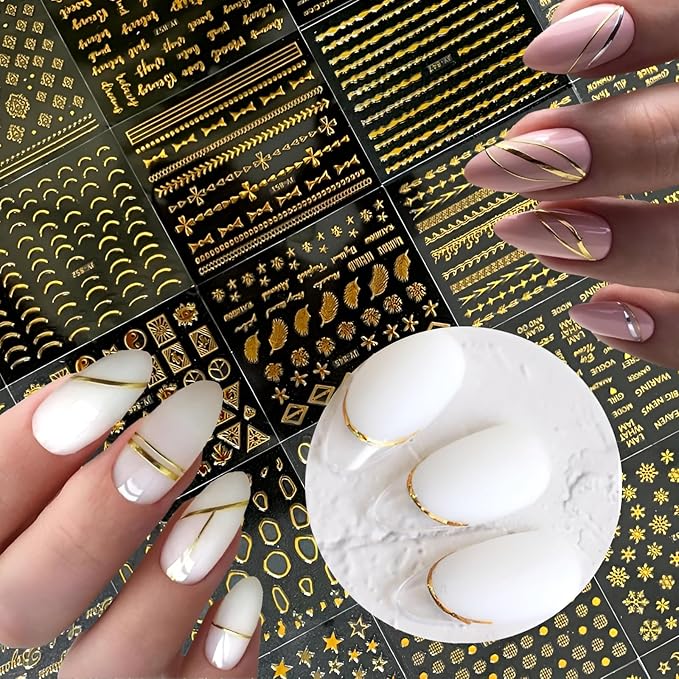 30 Sheets Gold Nail Art Stickers 3D Self-Adhesive Nail Decals Gold Line Star Nail Stickers for Acrylic Nails Gold Leaf Diamond Nail Supplies for Women