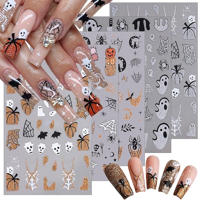 5 Sheets Halloween Nail Art Stickers 3D Self-Adhesive Gold Silver Halloween Nail Decals Glitter Pumpkin Spider Web Bat Ghost Nails Stickers Holiday Nails Art Supplies for Women DIY Manicure Art Kit