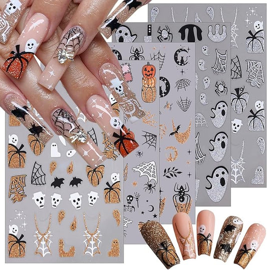 5 Sheets Halloween Nail Art Stickers 3D Self-Adhesive Gold Silver Halloween Nail Decals Glitter Pumpkin Spider Web Bat Ghost Nails Stickers Holiday Nails Art Supplies for Women DIY Manicure Art Kit