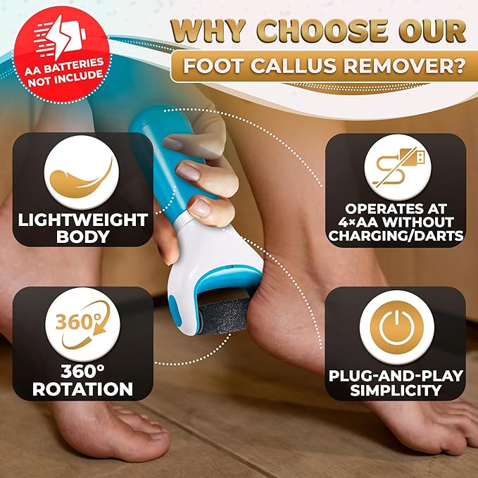Foot Callus Remover Tool | Batteries Not Included – High-Speed Foot Grinder with Easy-to-Replace Roller – On-The-Go Electric Callus Remover for Feet | Pedicure Tools for Feet Smoothing