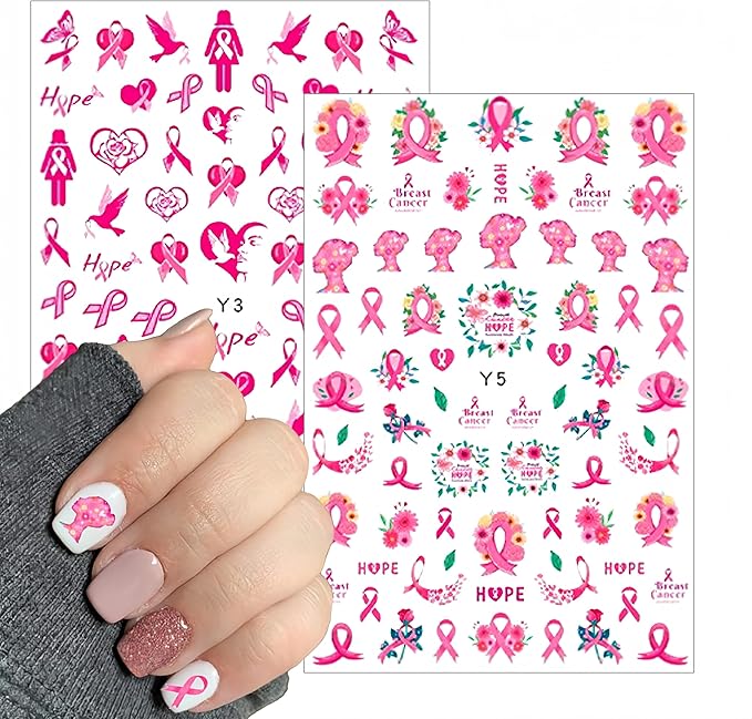 Breast Cancer Nail Art Stickers Pink Ribbon Nail Decals 3D Self Adhesive Nail Decals Love Heart Bow Pink Ribbon Design Nail Sticker Breast Cancer Awareness Nail Supplies for Women Decoration 6 Sheets