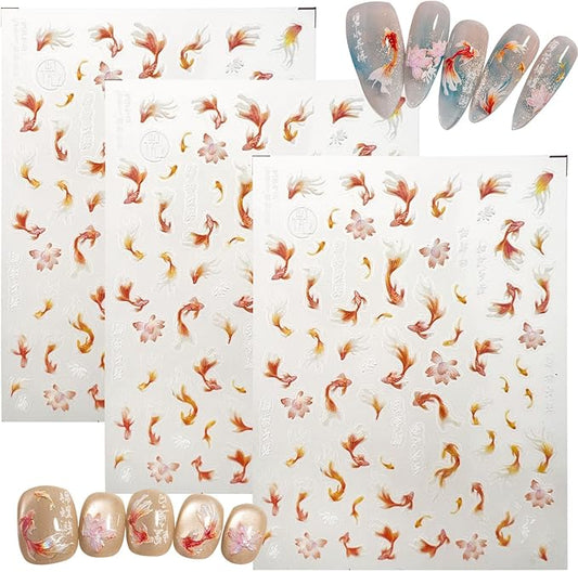 3 Sheets Goldfish Nail Art Stickers, 5D Embossed Cute Fish Nail Decals Self-Adhesive Chinese Style Nail Art Accessories for Women DIY Nail Decorations