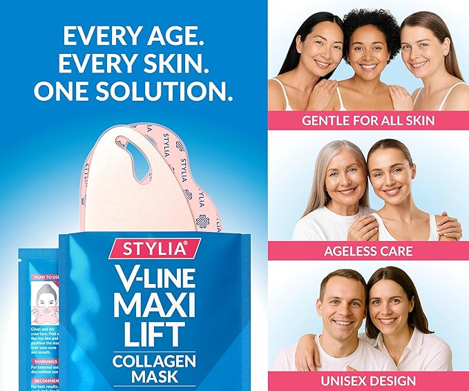 Stylia MaxiLift V-Line Lifting Collagen Face Mask - Advanced Double Chin Reducer - Jawline Shaper - Neck Firming and Tightening Mask with Hyaluronic Acid & Aloe Vera - Chin Strap for Sleeping (10PC)