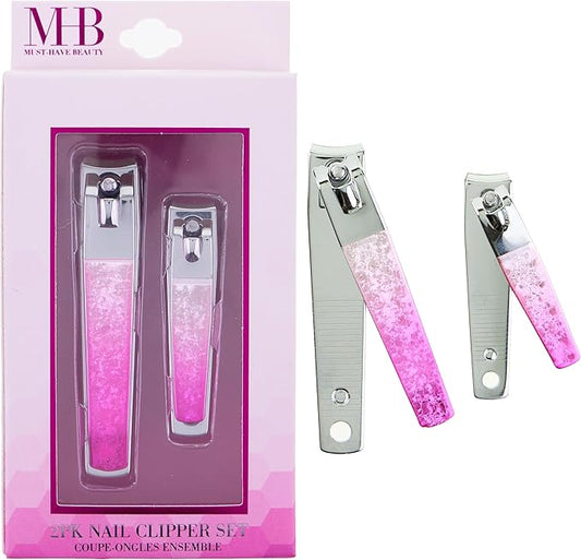 2pc Nail Clipper Set - Big & Small Precision Nail Clippers Value Pack, Water-Resistant Pink Nail Clippers with Comfortable Silicone Grip (Pink)