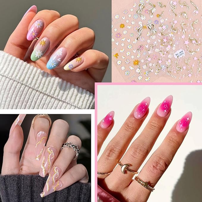 Nail Art Stickers Decals 5D Embossed Flower,Nail Decals Spring Summer Daisy Nail Art Design Self-Adhesive,Nail Accessories for Women Nail DIY Decoration