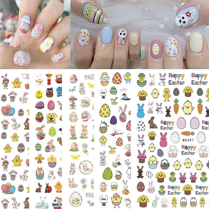 Easter Nail Stickers Rabbit Decals Cute Cartoon Bunny Eggs Chicks Stickers for Women Girls Nail Art Decorations Manicure Finger Tip Decor 10sheets 3D Self-Adhesive Decals